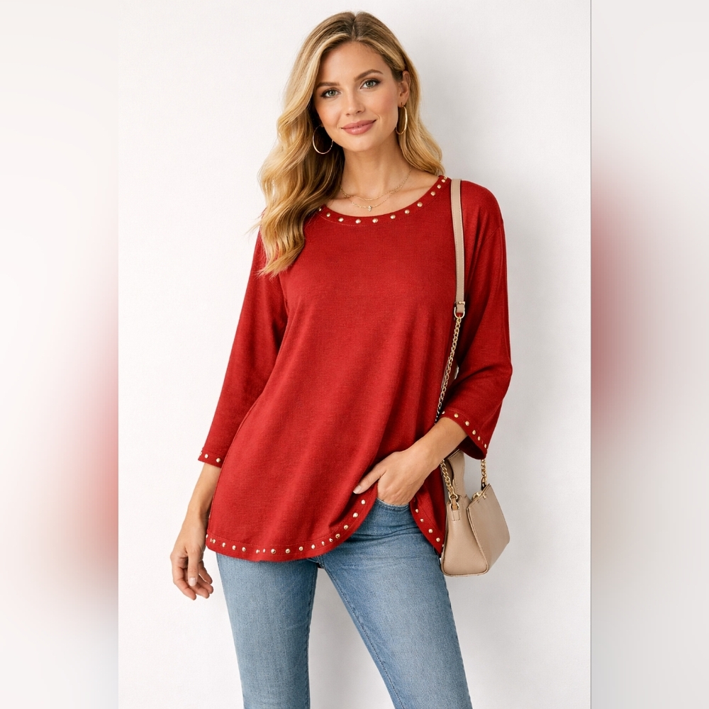 Ruby Rd Petite Studded Trim Blouse Rust Red Swing Top Large Petite Casual Fall